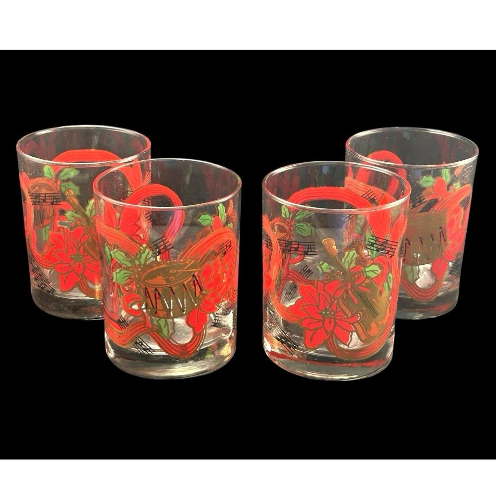 Set 4 Vintage Holiday Musical Instruments & Notes Weighted Bottom Rocks Glass